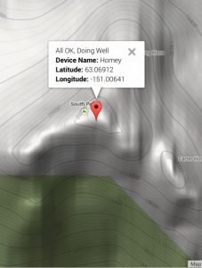 The GPS notification sent by Lonnie Dupre upon reaching the summit of Denali.