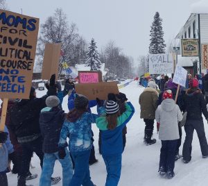 Participants in Saturday's march reach Downtown Talkeetna.  Photo:  Phillip Manning - KTNA