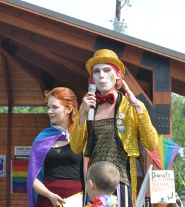 Talkeetna Pride organizers Lillian Rust (R) and Celeste Harrell (L) welcome the estimated 300 attendees.
