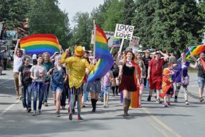 Talkeetna's first Pride parade makes its way down Main Street.