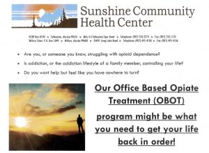 A portion of the flyer produced by Sunshine Community Health Center regarding the OBOT program.