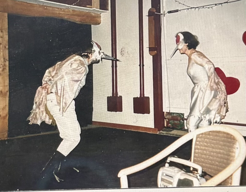 Kathy and Rick Ernst dress in sandhill crane costumes and perform the crane mating dance at the Denali Arts Council's Sheldon Community Arts Hangar, date unknown. 